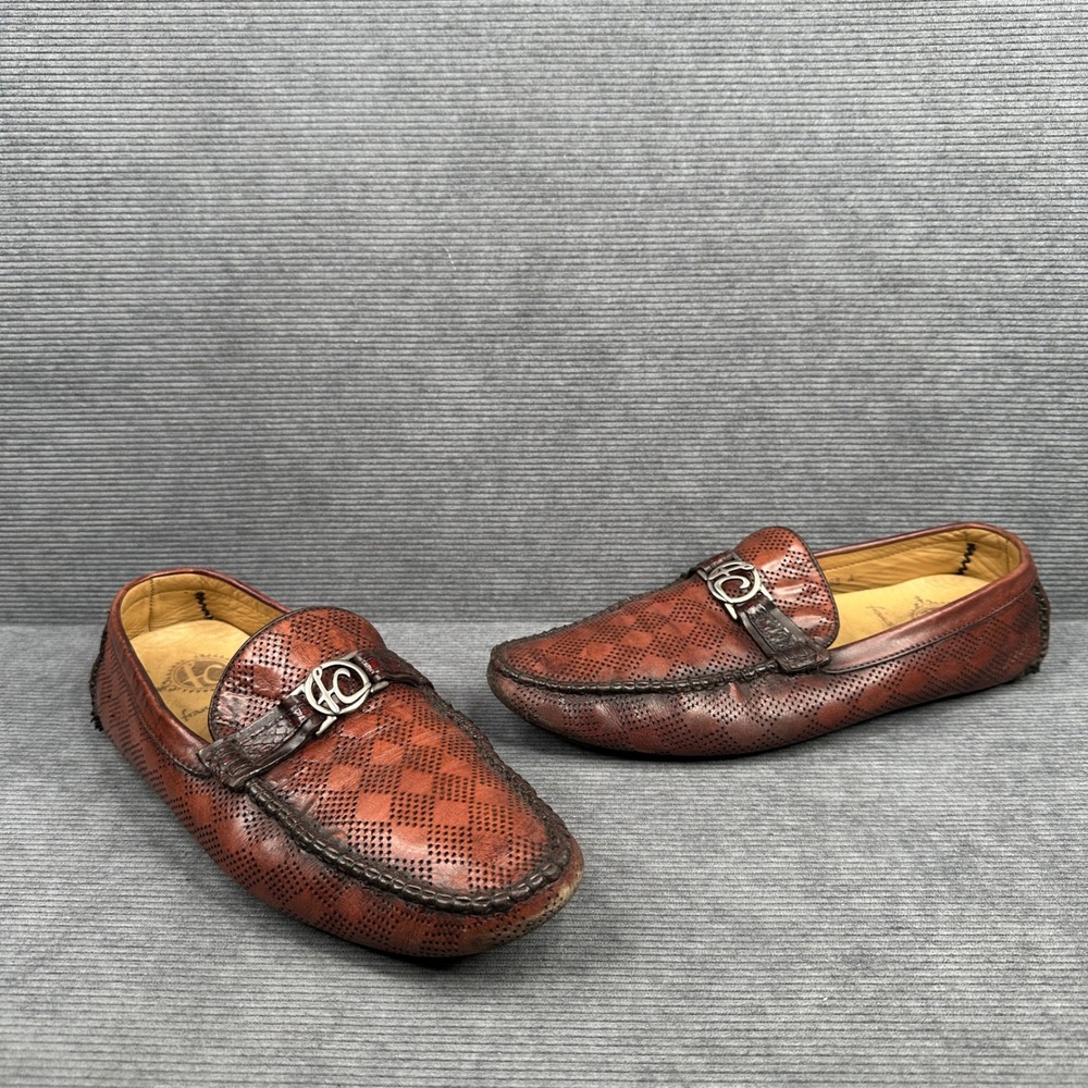 Franco Cuadra Perforated Leather Driving Loafers Cognac Brown Exotic Trim